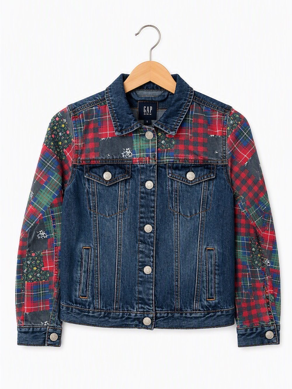 Gap Kids Girls Plaid Patchwork Denim Icon Jean Jacket Festive Holiday
